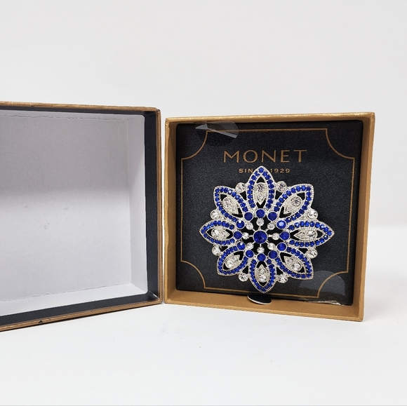 Vintage Monet Signed Cobalt Blue Rhinestone Flower Brooch - Picture 3 of 6